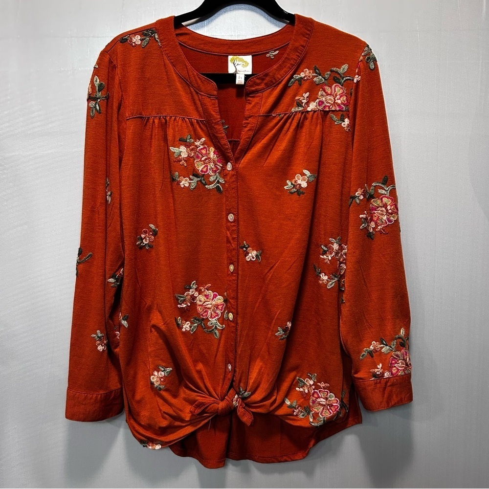 Fig and Flower Orange Floral Embroidered Tie Waist Button Up Blouse Boho Size 1X